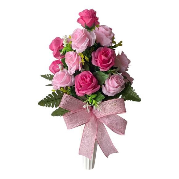 Pink Rose Memorial Arrangement in Cemetery Vase – Faux Flowers with Bow - Picture 1 of 4